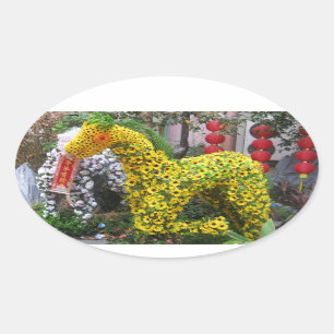 Adesivo Oval Ano do Topiary chinês da flor do 春節馬 do cav