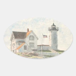 Adesivo Oval Aquarela do Farol de Cape Neddick
