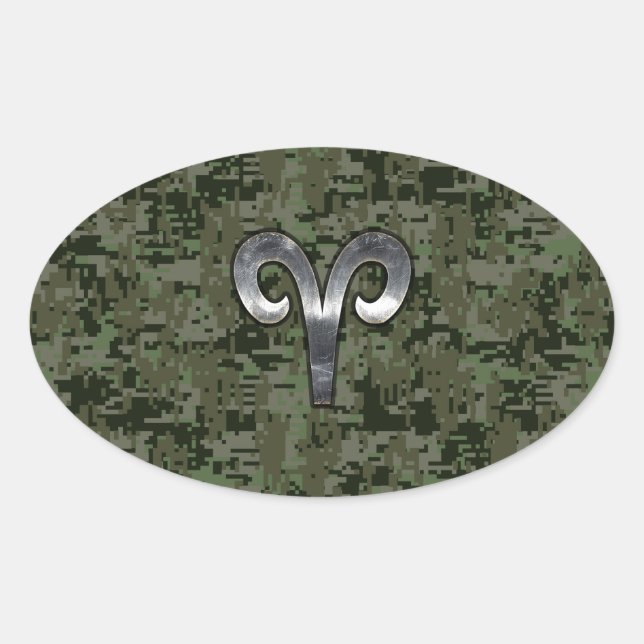 Adesivo Oval Aries Sinal Zodiac na Camo Digital Verde Woodland (Frente)