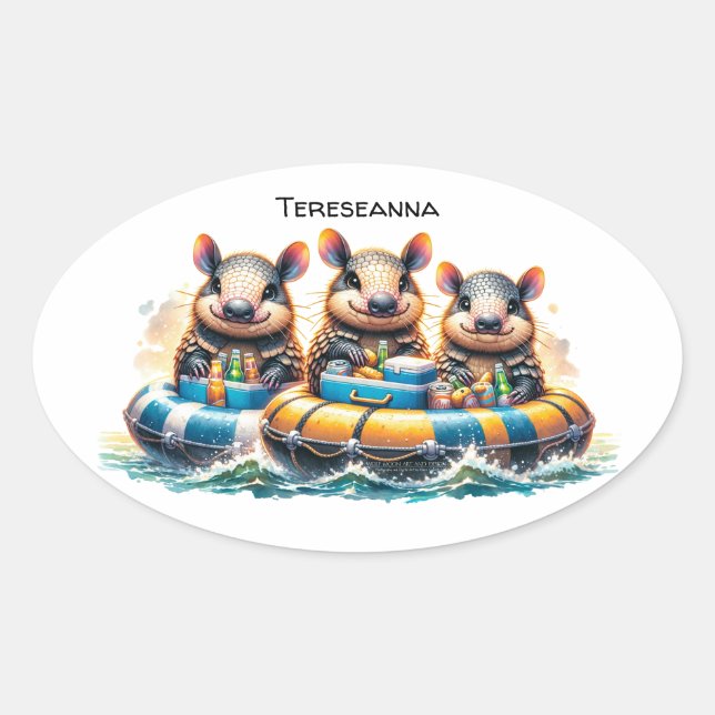 Adesivo Oval Armadilos De Cartoon Cuja Diversão Se Divertem No  (Frente)