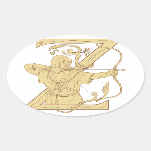 Adesivo Oval Arqueiro medieval que aponta o desenhar da letra Z