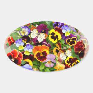 Adesivo Oval Arranjo Pansy Beauty com borboletas