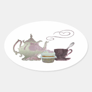 Adesivo Oval Arte cor-de-rosa do bule, do Teacup e do cupcake