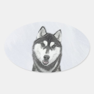 Adesivo Oval Arte de Cachorro Siberiana (Preta e Branca)