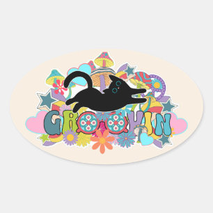 Adesivo Oval Arte Hippie de Gato Preto Groovin Retro Psicodélic