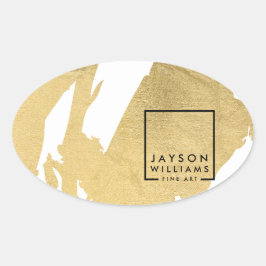 Adesivo Oval Artista Moderno Pinceladas Abstratas Falso Ouro Ov