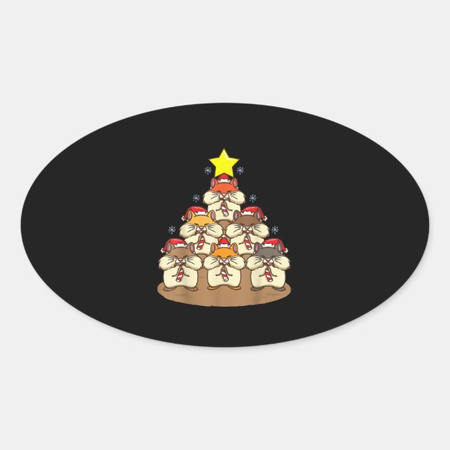 Adesivo Oval Árvore de Natal de Hamster Engraçado (Frente)