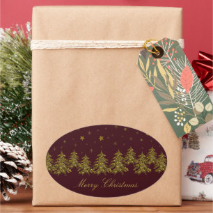 Adesivo Oval Árvore de Natal de ouro faísca, lua, estrelas em v