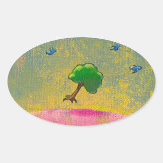 Adesivo Oval Árvore voadora com pássaros azuis diverte pintura 