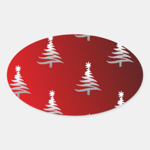 Adesivo Oval Árvores de Natal Prata no Vermelho