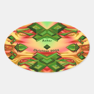 Adesivo Oval ASHER ~ CHRISTMAS 2024 Verde Vermelho Amarelo Frac