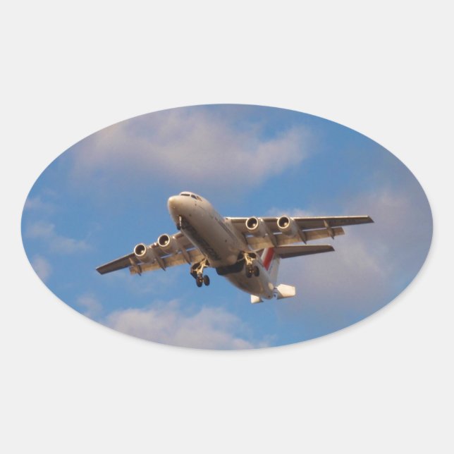 Adesivo Oval Avro RJ85 Jet pousando (Frente)