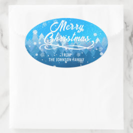 Adesivo Oval Azul Branco Neve Pacífico Floresta Feliz Natal