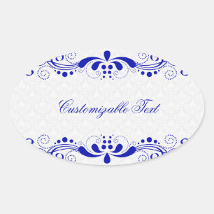 Adesivo Oval Azul Real Elegante - Lave Floral e Damascos Branco