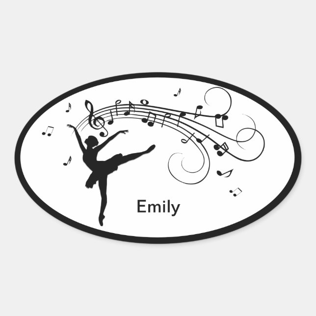 Adesivo Oval Bailarina Dançando com Notas Musicais (Frente)