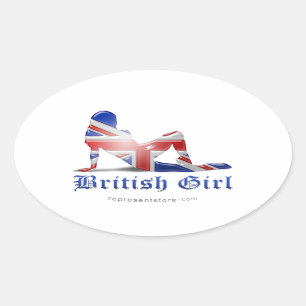 Adesivo Oval Bandeira britânica da silhueta da menina