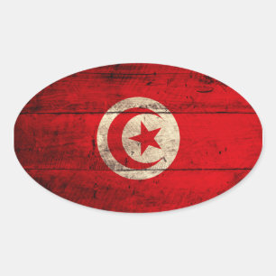 Adesivo Oval Bandeira de madeira velha de Tunísia