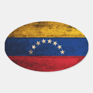 Adesivo Oval Bandeira de madeira velha de Venezuela