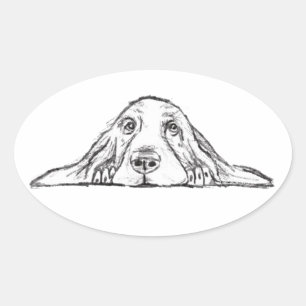 Adesivo Oval basset hound preto branco simples olhos de cachorr