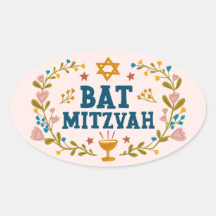 Adesivo Oval BAT MITZVAH - Judeu floral desenhado à mão - Perso