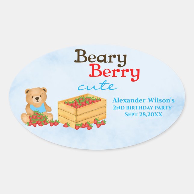 Adesivo Oval Beary Berry Cute Cub Strawberry Festa de aniversár (Frente)