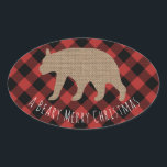 Adesivo Oval Beary Felry Christmas Xadrez Burlap Bear<br><div class="desc">Um adesivo com uma ilustração de uma silhueta de ursos. O texto abaixo diz,  "BEARY MERRY CHRISTMAS" O plano de fundo é vermelho e preto lumberjack búfalo,  verificação de xadrez.</div>