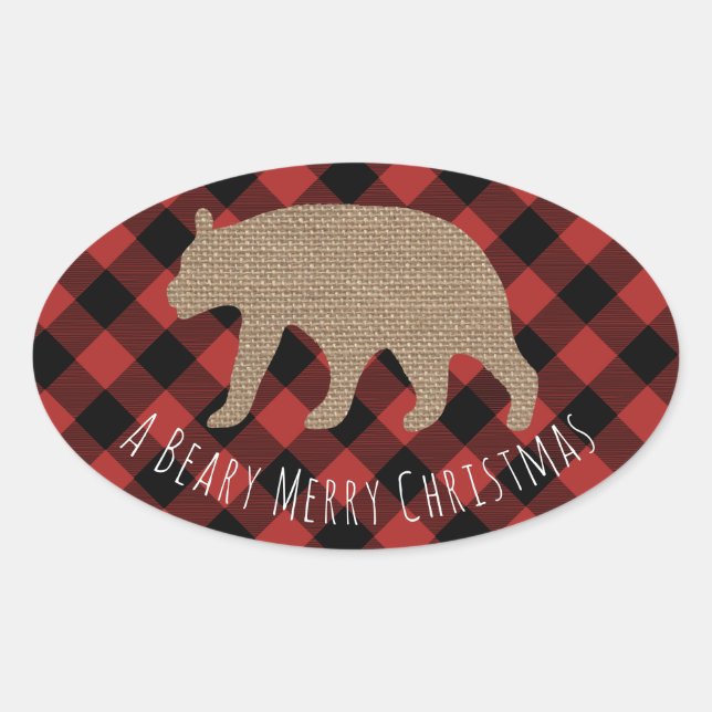 Adesivo Oval Beary Felry Christmas Xadrez Burlap Bear (Frente)