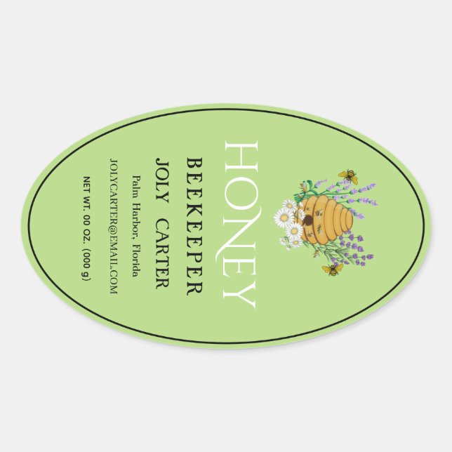 Adesivo Oval Beekeeping Honey Labels | Honeybee & Honeycomb Des (Frente)