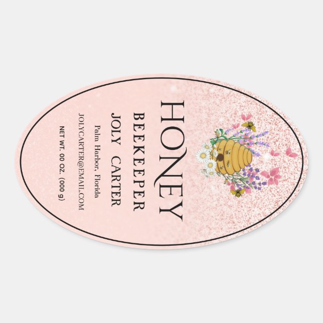Adesivo Oval Beekeeping Honey Labels | Honeybee & Honeycomb Des (Frente)