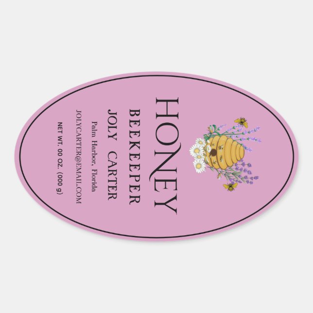 Adesivo Oval Beekeeping Honey Labels | Honeybee & Honeycomb Des (Frente)