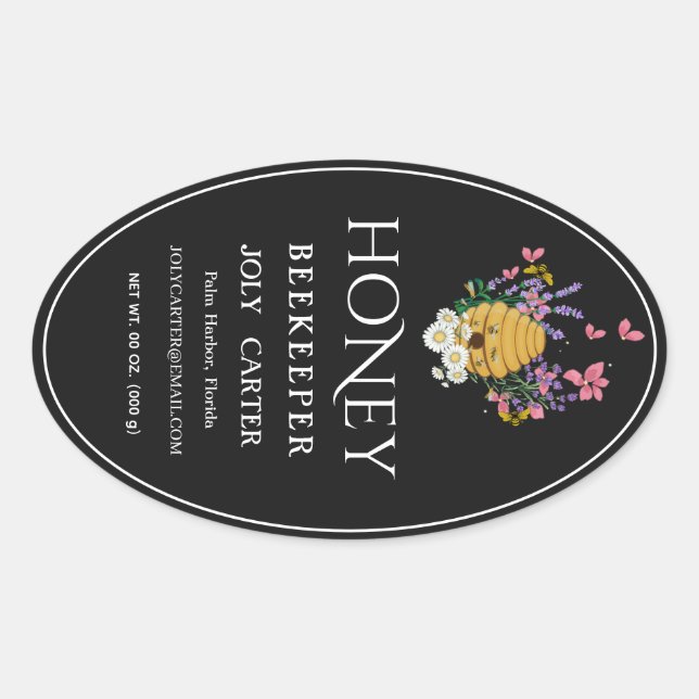 Adesivo Oval Beekeeping Honey Labels | Honeybee & Honeycomb Des (Frente)