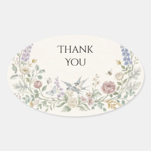 Adesivo Oval Beija-flor Pastel Floral Agradecimento de Casament