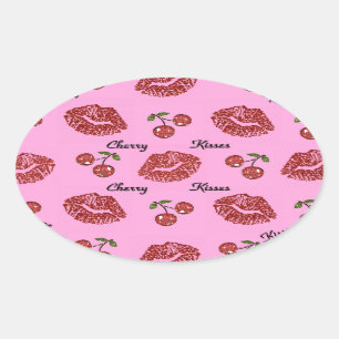 Adesivo Oval Beijos de Cereja Rockabilly RAB em Rosa