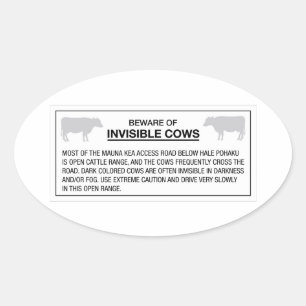 Adesivo Oval Beware das vacas invisíveis, sinal, Havaí, E.U.
