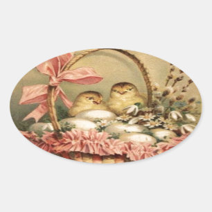 ADESIVO OVAL BILHETE ELEGANTE, GALINHAS, FLORES E OVOS LESTE