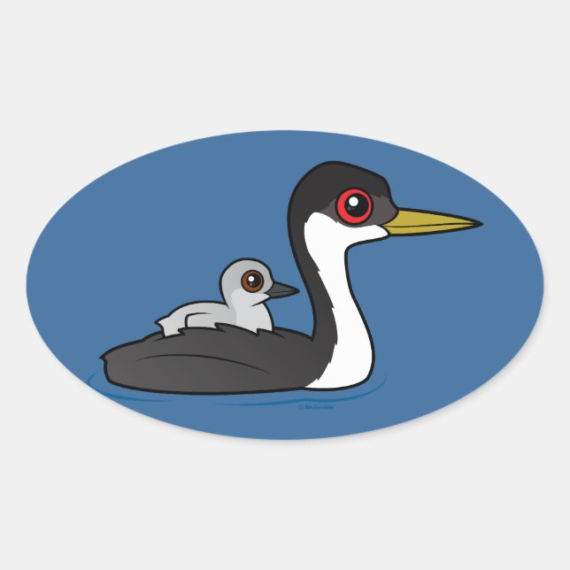 Adesivo Oval Birdorable Western Grebe com bebê (Frente)