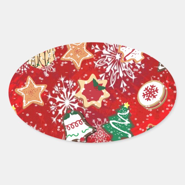 Adesivo Oval Biscoitos de Natal e Flocos de Neve em Vermelho (Frente)