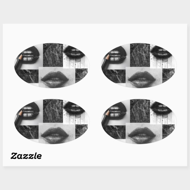Adesivo Oval Black & White Lips Collage Sticker  Modern Fashion (Folha)