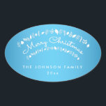 Adesivo Oval Blue Merry Christmas Oval Stickers<br><div class="desc">Vinhetas azuis e brancas de Natal felizes com texto modificável</div>