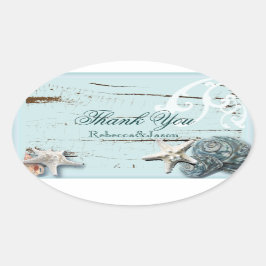 Adesivo Oval BLue Seashells obrigado de casamento em praia
