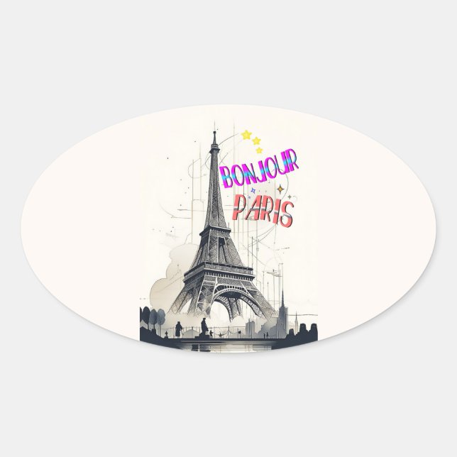 Adesivo Oval Bonjour Colorful Paris (Frente)