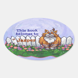 Adesivo Oval Bookplate da biblioteca do gato do gengibre