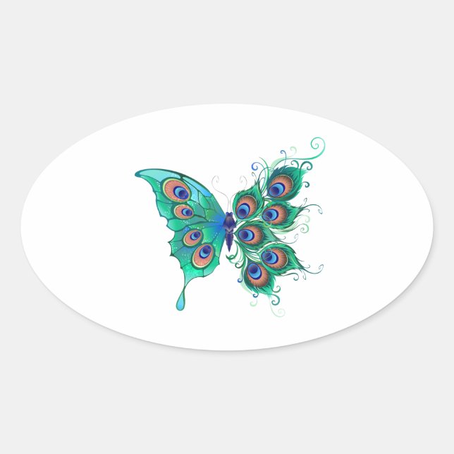 Adesivo Oval Borboleta com Penas de Pavão Verde (Frente)