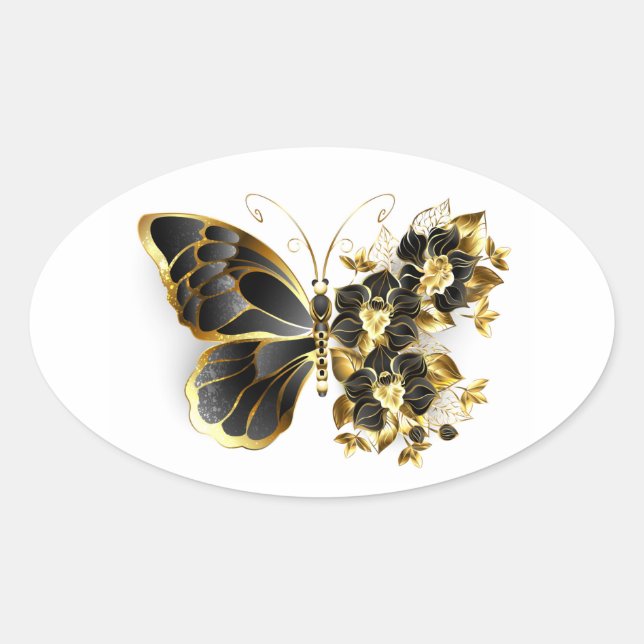 Adesivo Oval Borboleta Flor Dourada com Orquídea Preta (Frente)