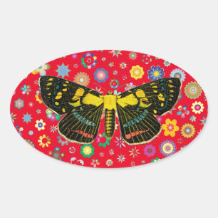 Adesivo Oval borboleta flores natureza vida selvagem arte verme