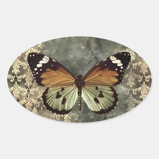Adesivo Oval Borboleta Gótica Laranja e Verde (Frente)