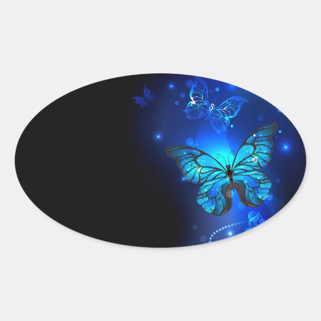 Adesivo Oval Borboleta Morpho no Fundo Escuro (Frente)