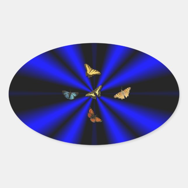Adesivo Oval Borboleta no arco-íris preto e azul (Frente)