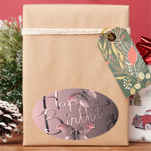 Adesivo Oval Borboleta Rosa Silvery "Feliz Aniversário!" Cl (Feriado)