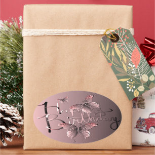 Adesivo Oval Borboleta Rosa Silvery "Feliz Aniversário!" Cl